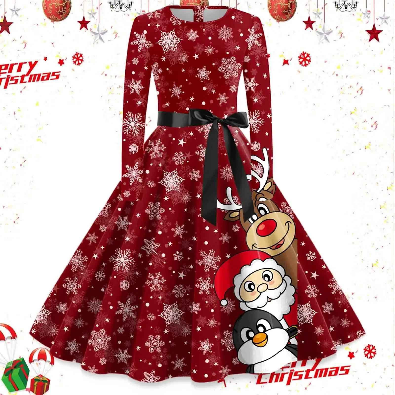 

2023 New Winter Christmas Dresses Women Swing Costume Robe Pinup Vintage Long Sleeve Gothic Print Rockabilly Xmas New Year Party