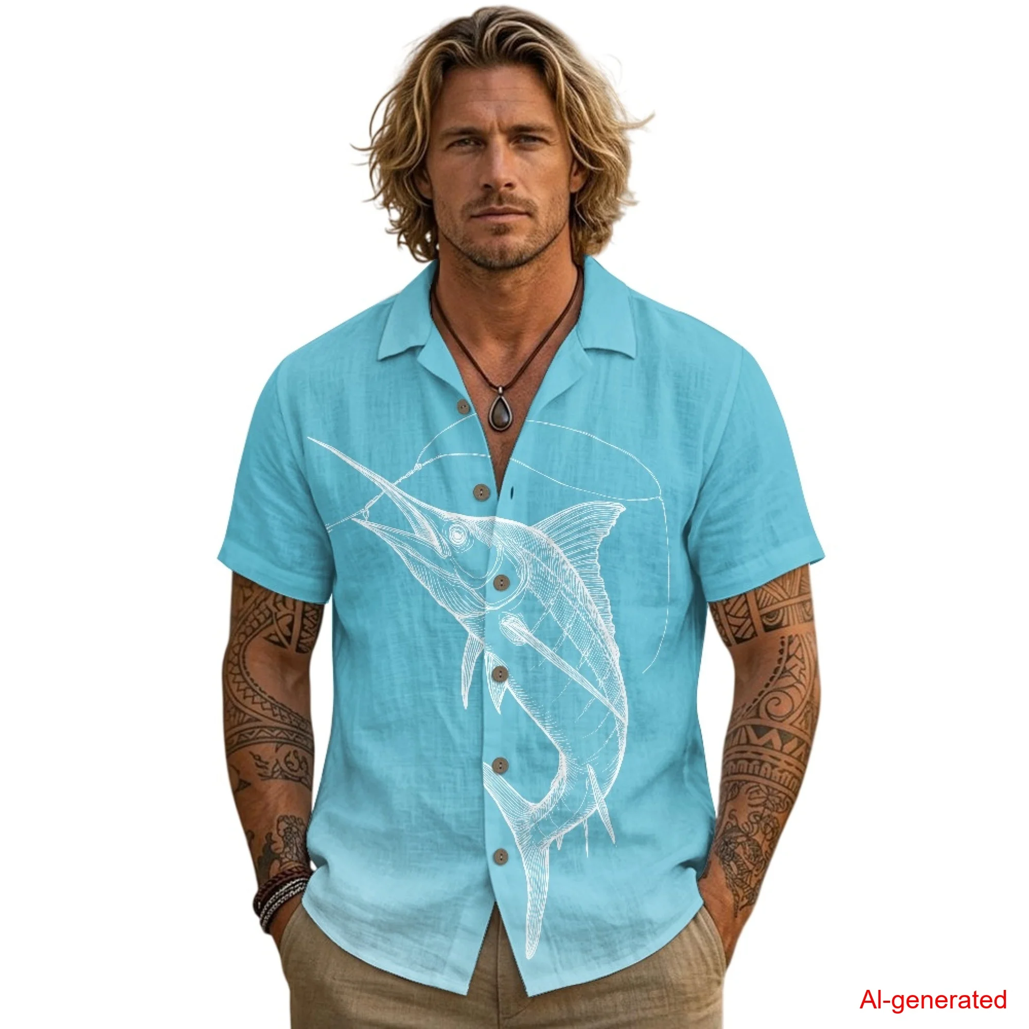 

INSTANTARTS Men's Linen Short-Sleeved Shirt Fishing Style Linen Shirts for Men Collared Short Sleeve Tops for Fishing Lovers