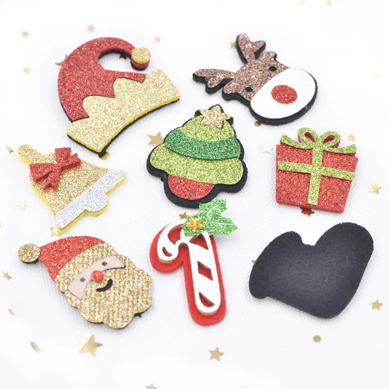 20Pcs Glitter Patches Santa Claus Hat Elk Tree Gift Box Bell Stock for Christmas Party Hairpin Applique Decor Accessories