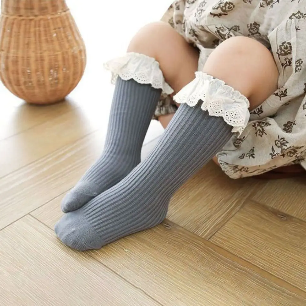 

5Pairs Ruffled Edge Baby Calf Socks Baby Lace Trim Stripe Infant Cotton Stockings Toddle Long Tube Cartoon Above Knee Socks