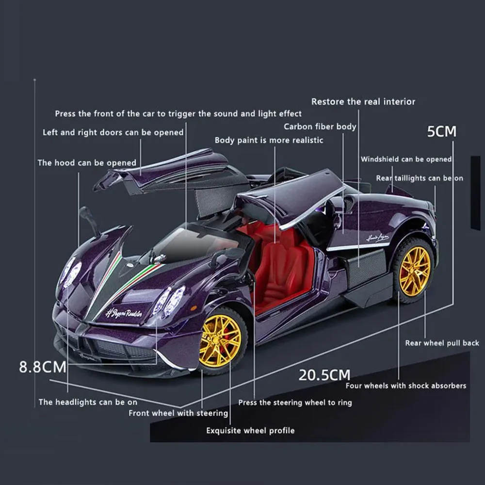 รถของเล่น Pagani Zonda HP Huayra รุ่น 1:24 แบบจำลองรถยนต์สปอร์ตขนาดเล็ก 4 ประตูเปิดได้ พร้อมไฟและเสียงเพลง ของเล่นเสริมพัฒนาการสำหรับเด็ก