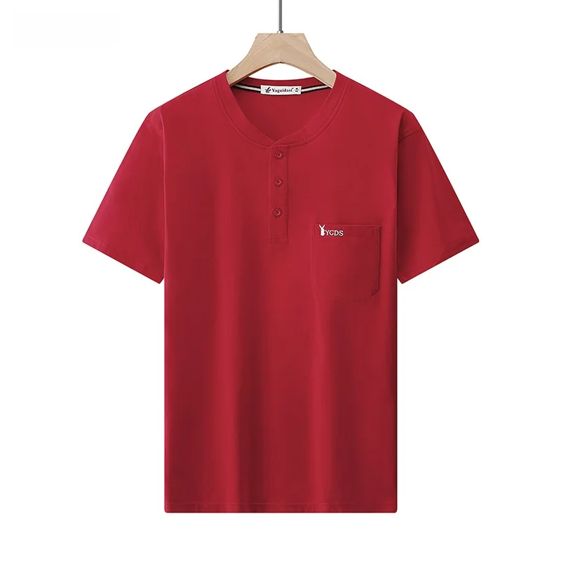 Mens Middleaged Monk Collar Short Sleeve Tshirt Dads Casual Cotton Pure Color Spring Fashion Basic Vest Top
