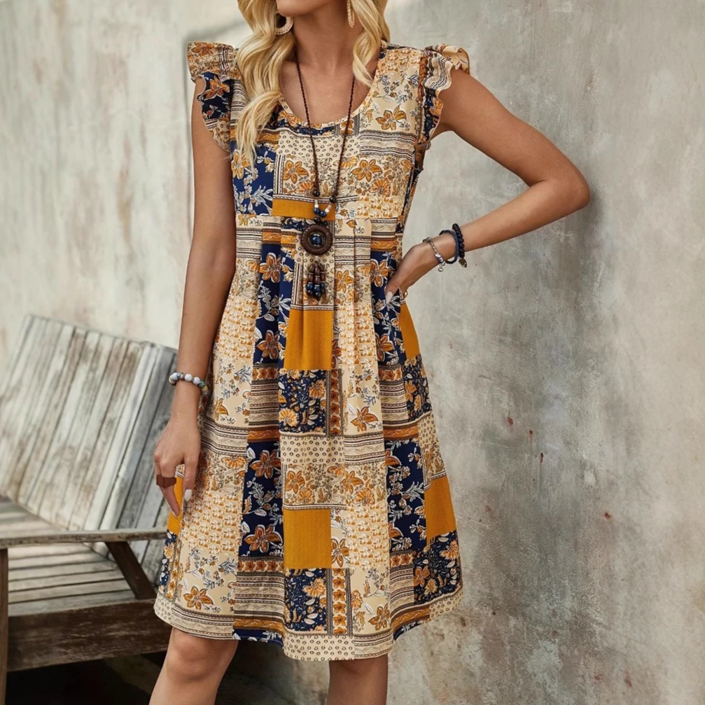 bohemia Floral Print Dress Summer Elegant Dresses for Women Loose Pleated Beach Sundress Ruffle sleeveless Sweet tank Mini Dress