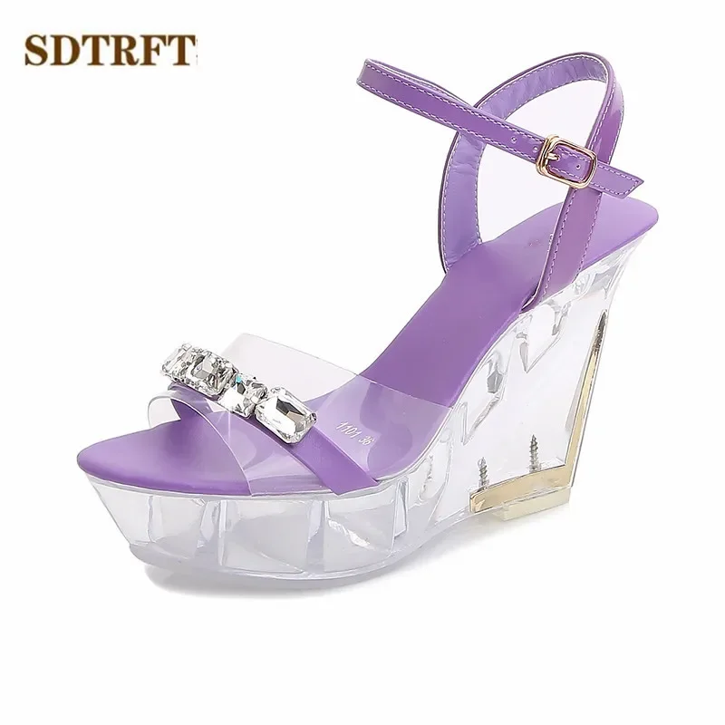 SDTRFT Shoes Woman Transparent Platform Wedges Stilettos Zapatos Mujer 10cm High-Heeled Sandals Rhinestone Wedding Buckle Pumps