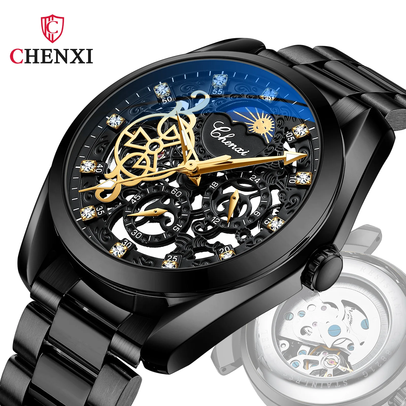 CHENXI watch men's mechanical watch waterproof luminous sun, moon and stars diamond-encrusted automatic hollow mechanical watch