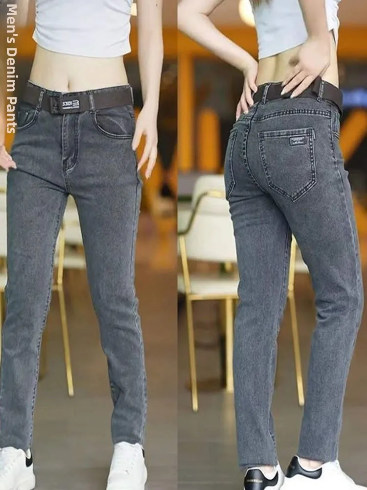Grey Cigarette Jeans Men's Elastic Straight Leg Casual Long Pants Wear Resistant Loose Fit Youth Fashion Cotton Stretch Denim