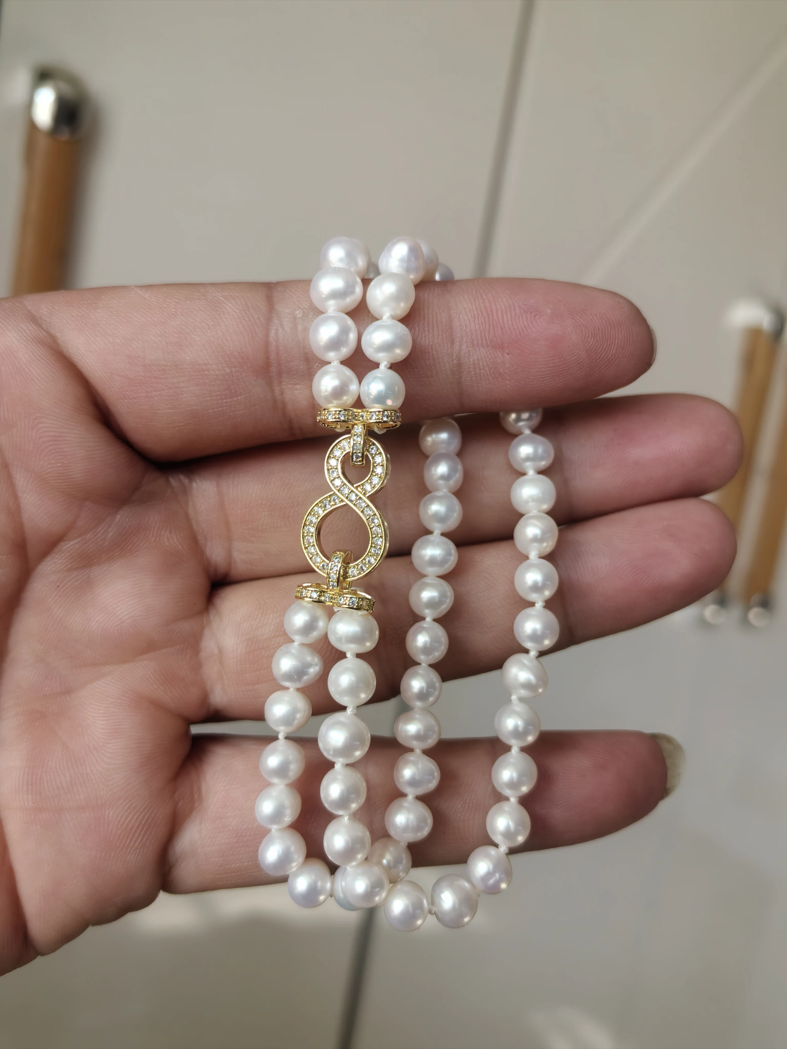 2 rows Double layered  AAA 8-9mm Akoya White Pearl bracelet treasure Seawater Pearls Strong Light  925s