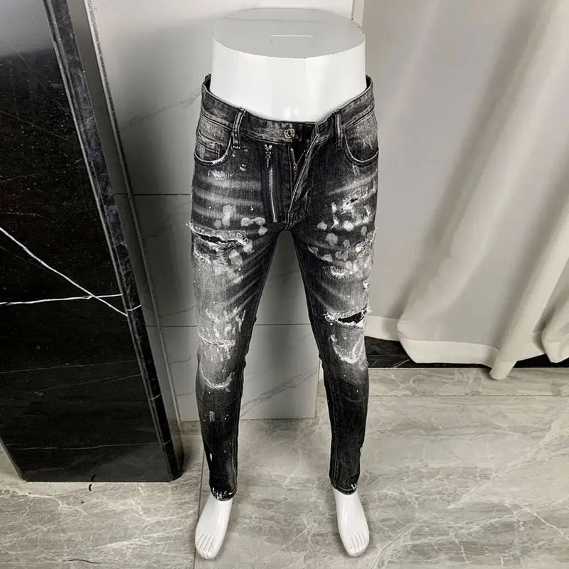 

Street Fashion Men Jeans Retro Black Gray Stretch Slim Fit Ripped Jeans Men Painted Designer Hip Hop Brand Denim Pants Hombre