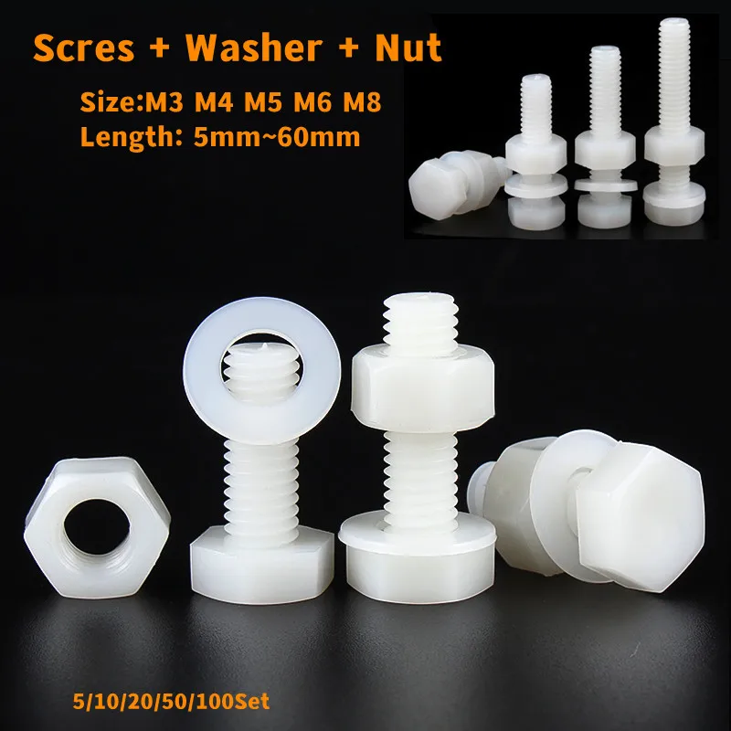 5-100 Set M3 M4 M5 M6 M8 White Outer Hexagonal Nylon Screws Nuts Washer Metric Threaded Insulated Plastic Bolts Combination Set