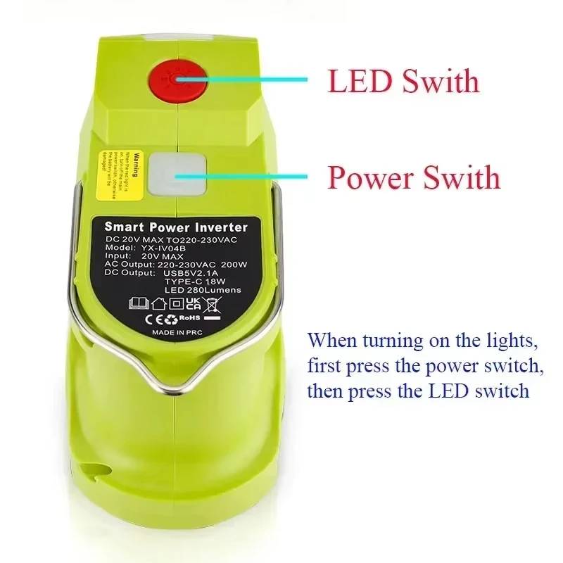 200W Li-ion Battery Inverter LED Work Lamp USB Power Bank For Ryobi 18V Li-ion Nickel Battery P102 P103 P104 P105 P107 P108