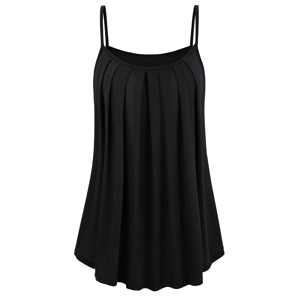 Oversized Tank Tops Ladies Pleated Strappy O-Neck Top Fashion Vest Summer Camisole Women Casual Sleeveless Female shirts