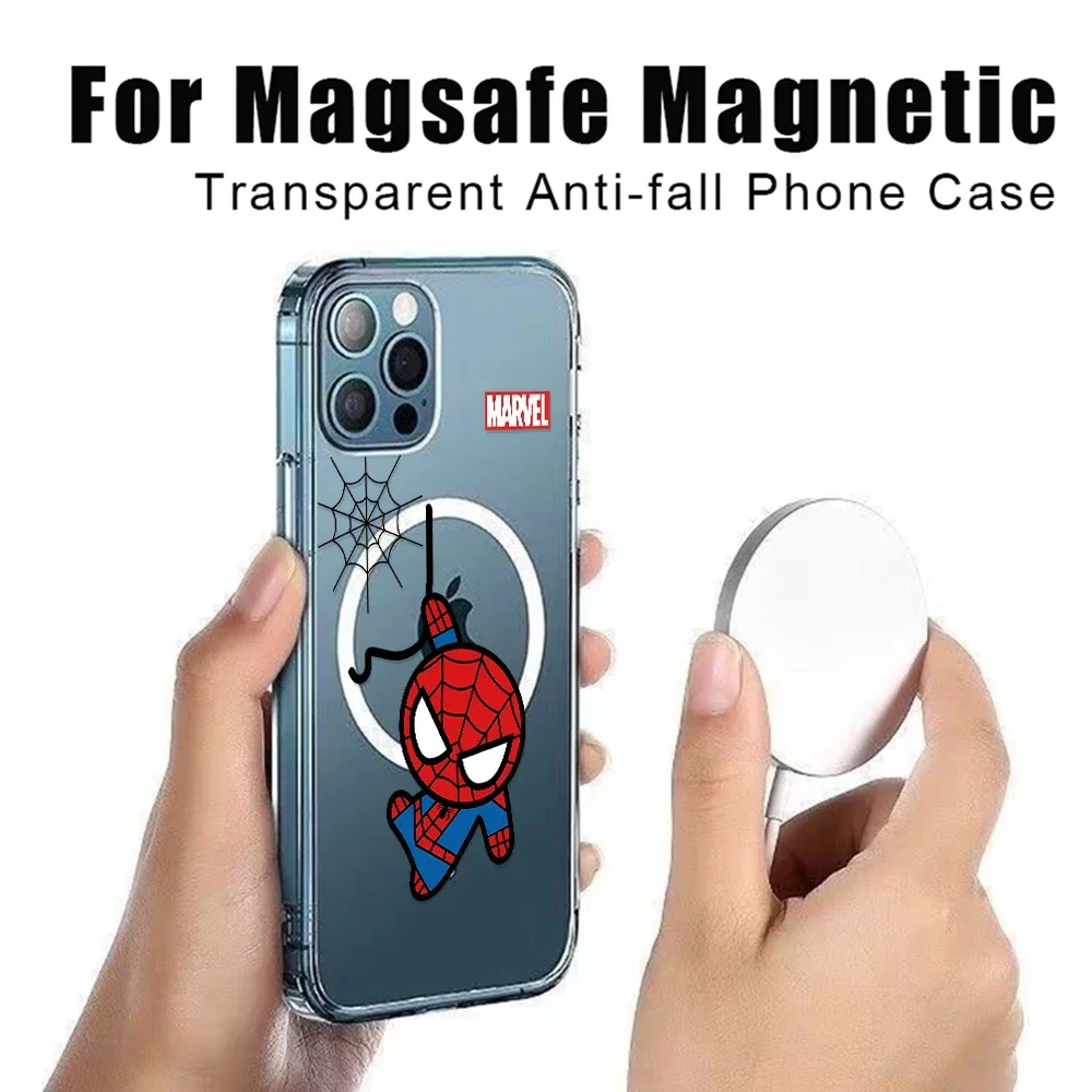 Cartoon Cute Spider Man For Magesafe Wireless Charge Phone Case for iPhone 11 12 13 14 15 16 Pro Max Plus X Xs XR 8 7 Clear Capa