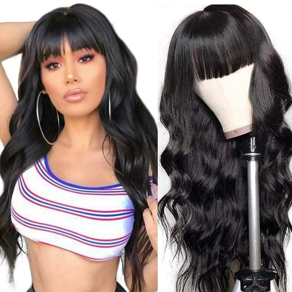 

Body Wave Human Hair Wigs with Bangs None Lace Front Wigs 180% Density Glueless Machine Made For Women Natural Color