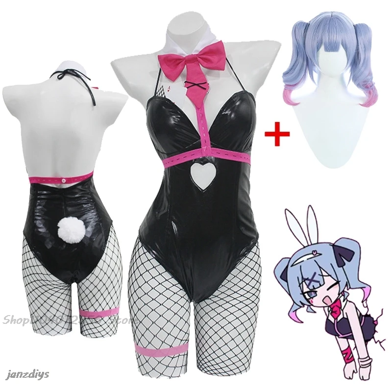 Peluca de Cosplay con agujero de conejo Miku, chica conejito de charol negro, disfraces sexys y bonitos de Halloween, tocados, ropa, lazos para niñas