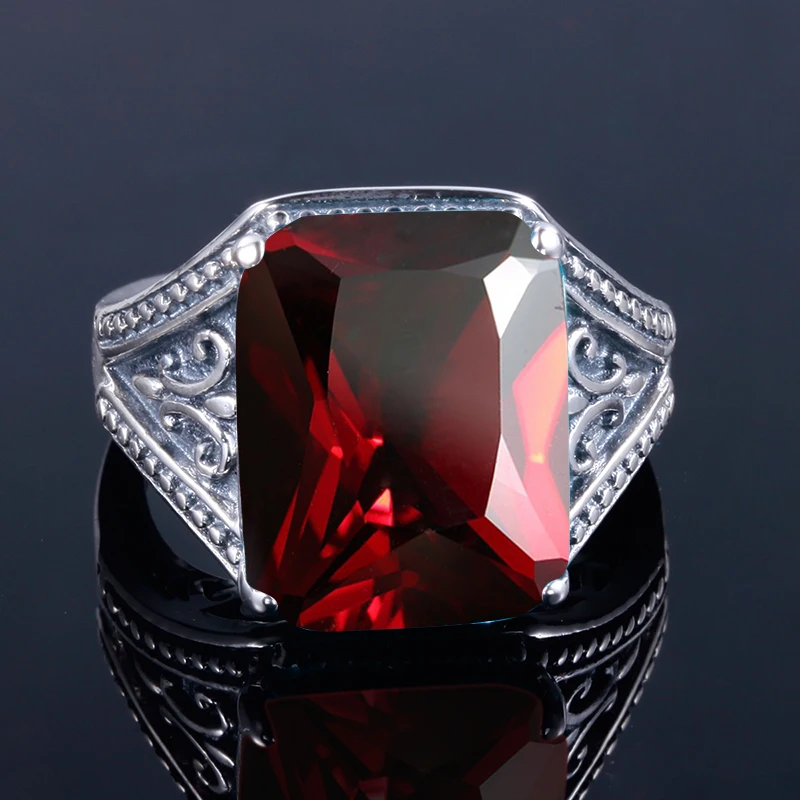 100% 925 Sterling Silver Garnet Mens Rings With Stone 12*16mm Rectangle Big Vintage Byzantine Jewelry Gifts For Men