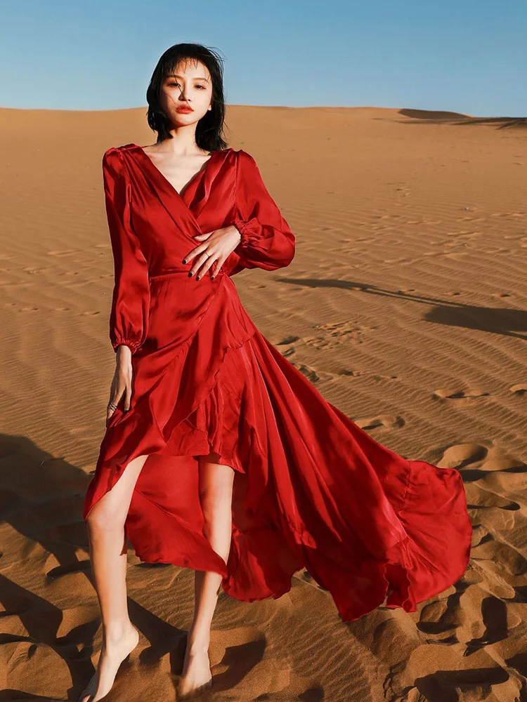 

Khalee Yose Summer Elegant Chic Maxi Dress Red V-neck Backless Casual Long Sleeve Holiday Women Dresses Sexy Ladies Vestidos