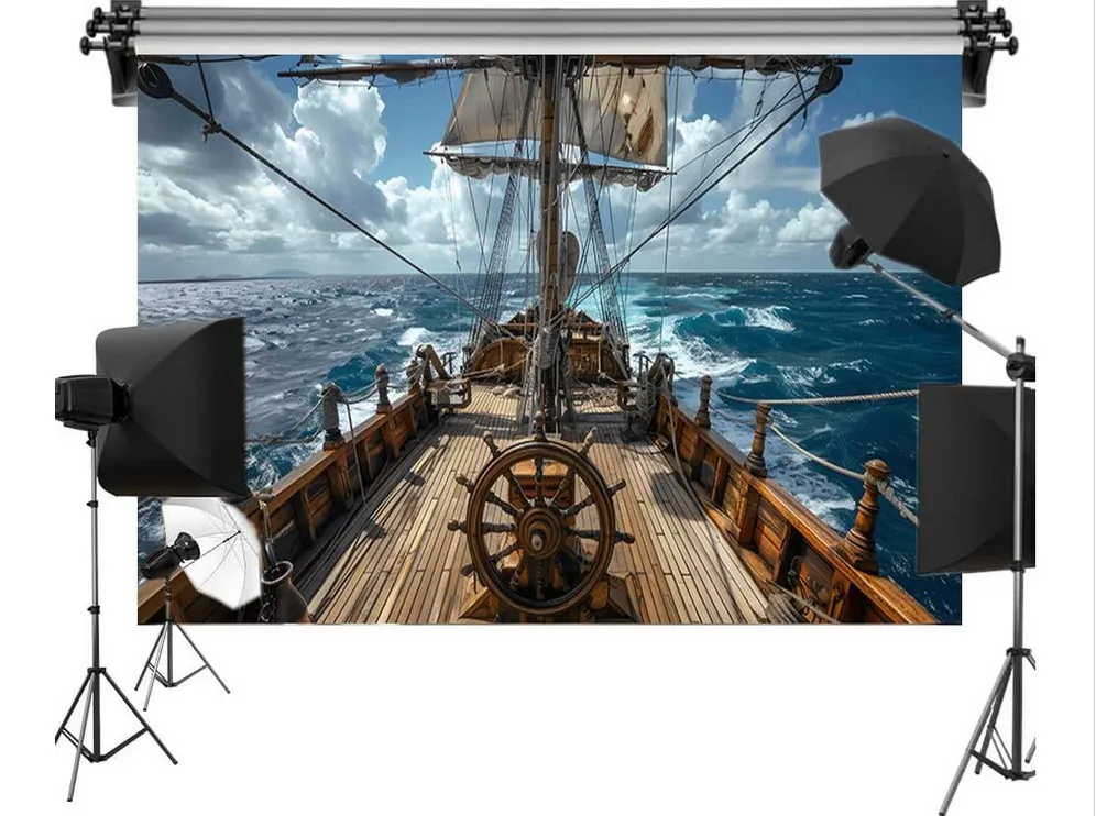 해적선 갑판 바다 푸른 바다 흰 구름 배경, 컴퓨터 인쇄 파티 용품, 사진 스튜디오 배경