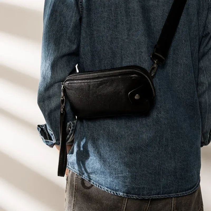 Retro Top Layer Leather Mini Chest Bag Genuine Leather Adjustable Crossbody Phone Bag Multifunctional Zipper Shoulder Bag Clutch