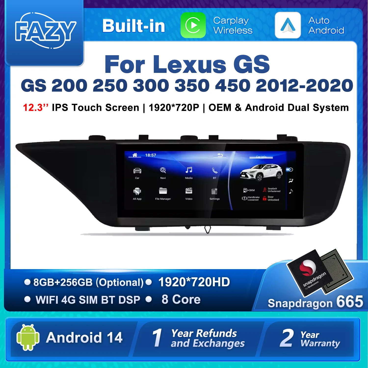 Reproductor Multimedia para Auto con Android 14, Pantalla CarPlay para Lexus GS GS200 GS250 GS300 GS350 GS450 2012-2020, Radio GPS, Unidad Principal Estéreo