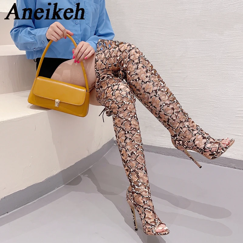 Aneikeh Women Peep Toe Back Zipper Cross Lace-Up Chelsea Boots 2024 Sexy  Snake Pattern Hollow PU Over the Knee Boots Party Ball