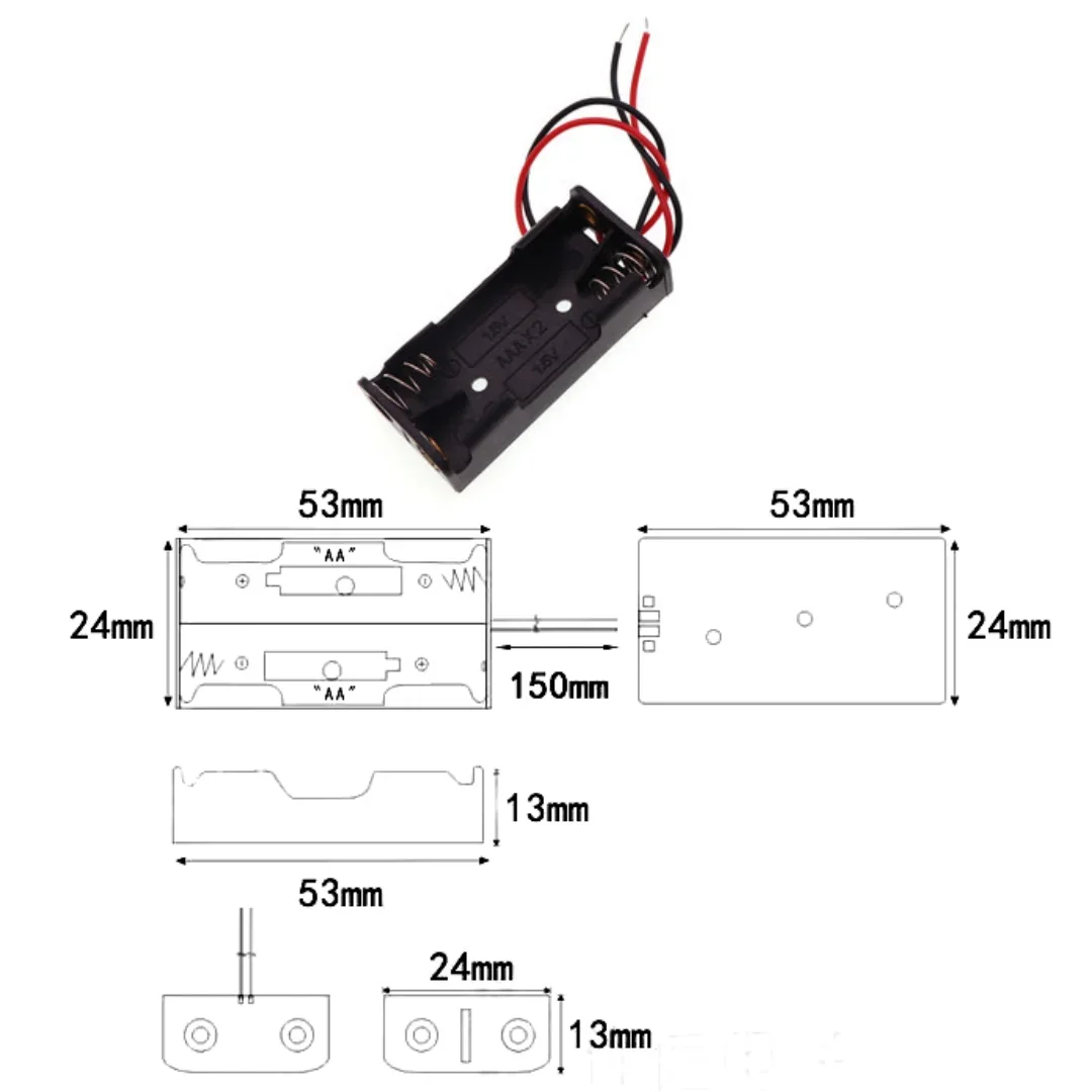 Plastic Standard Size AA/18650 Battery Holder Box Case Black With Wire Lead 3.7V/1.5V Clip