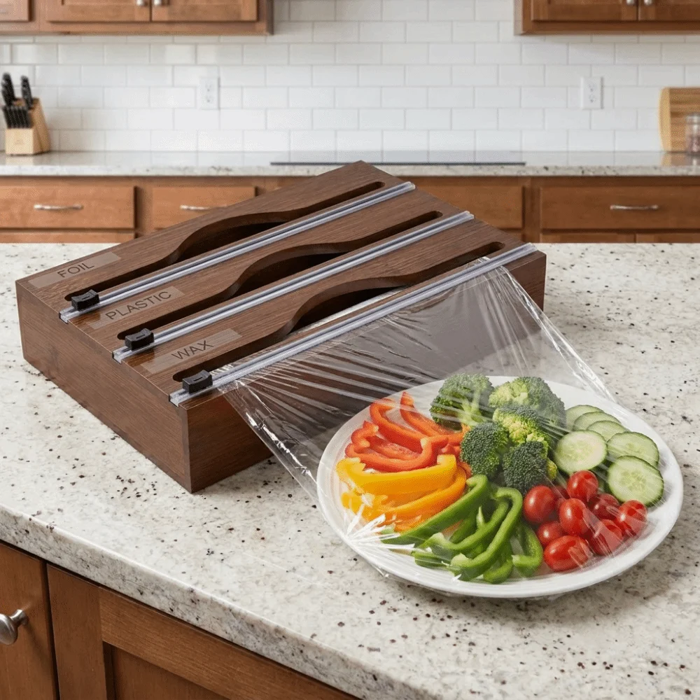 Bamboo Cling Film Cutter Box Wall Mounted 2 /3 Grids Tin Foil Cutter with Slide Cutter Minimalist Fresh Bag Cutting Holder