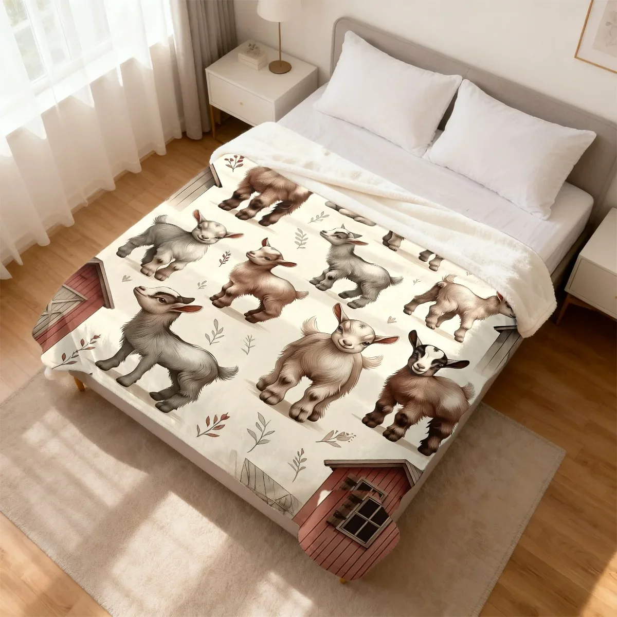 Customization Cute Goats And Farmhouses In Rustic Art Pattern Flannel Trendy Printing Nap Blanket Soft Balcony Christmas Gift Pe