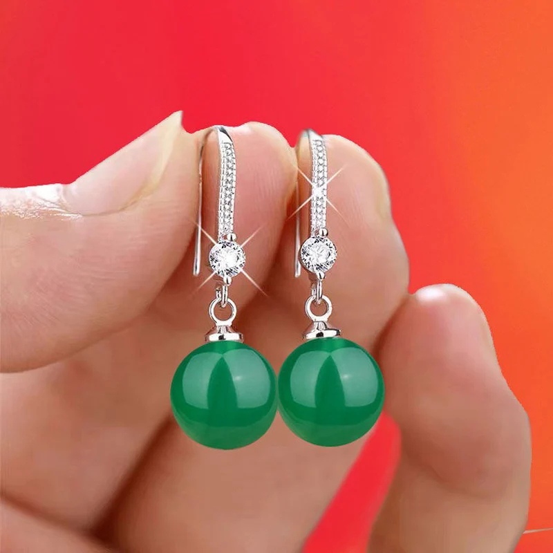 New Exquisite Fashion Silver Color Water Imitation Pearls Drop Earrings for Women Shiny Red Green Round Wedding Jewelry Gifts