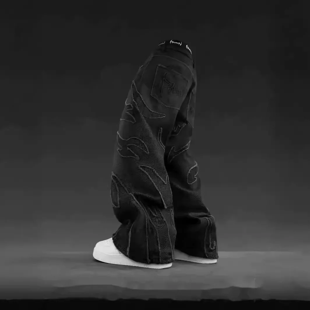 Men Baggy Jeans Y2k Hip Hop Vintage Black Pants Oversized Embroidery Harajuku Gothic Wide Leg Trousers Streetwear Women Pants