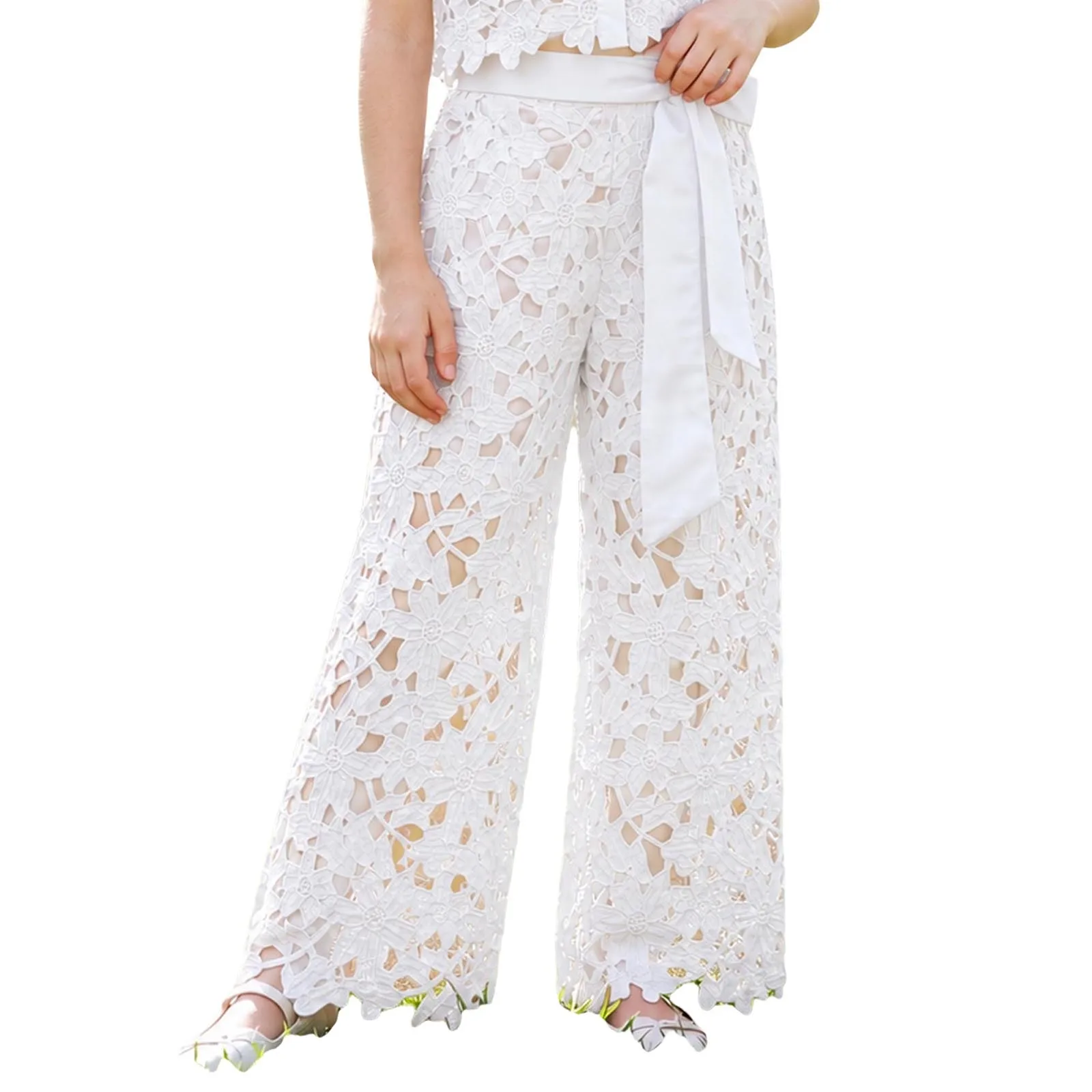 Girl's Pants Kids Hollow Out Floral Lace Pants Elastic Waist Belted Trousers for Birthday Party Wedding Banquet Formal Event
