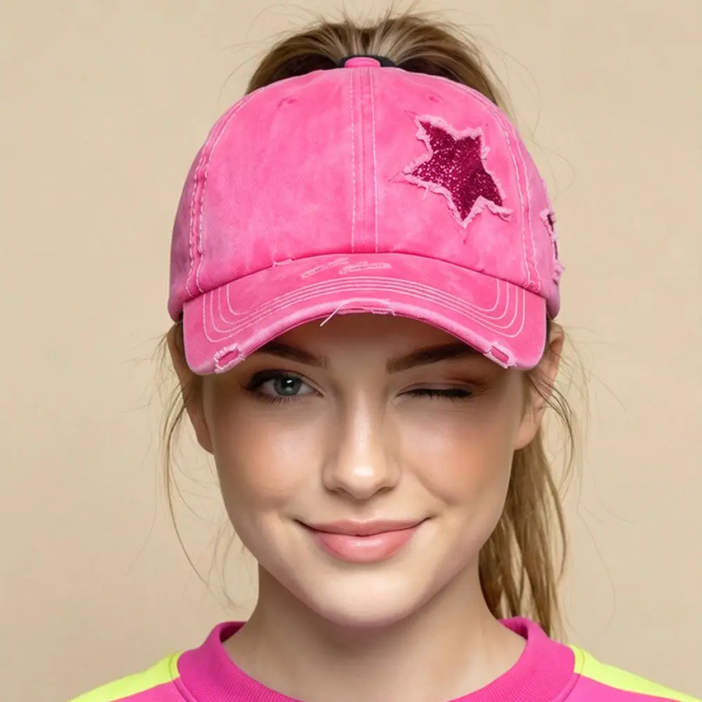 Washed Cotton Baseball Cap Ponytail Hole Vintage Distressed Hat Sequined Star Adjustable Sport Outdoor Sun Hat view 5