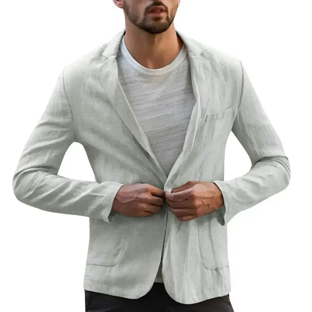 Blazer da uomo a maniche lunghe con tasche Cappotto autunnale Giacca slim Tinta unita in cotone e lino Blazer taglie forti Uomo Matrimonio caldo 3XL