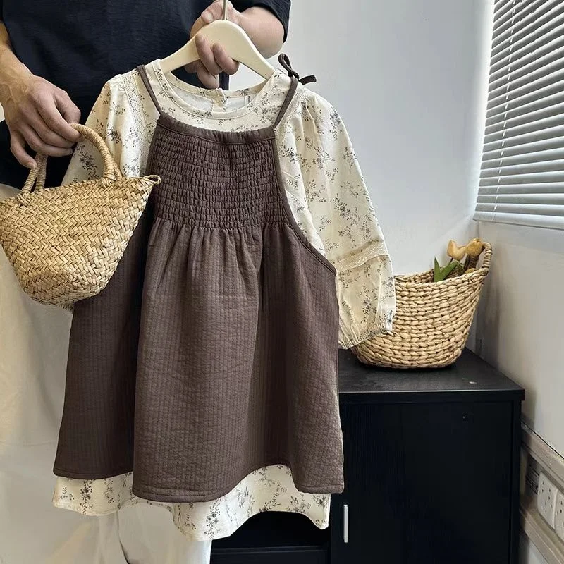 

2-9Years Girls' Dress Set Spring and Autumn 2025 New Style Children's Cute Sweet Floral Long Sleeve Princess Dress Two Piece Set