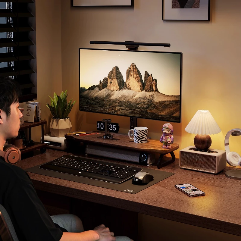 Walnut Wood Monitor Stand Riser with Keyboard Storage And Cable Management Desk Computer Screen Elevator Organizer Desktop Shelf