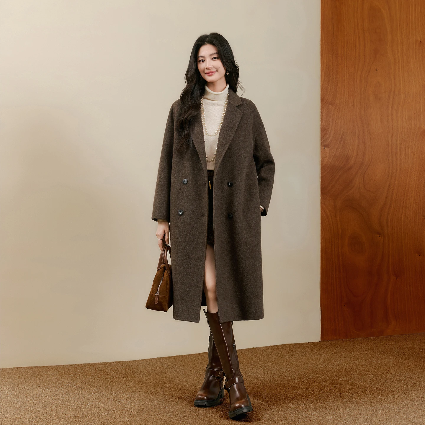 SENTUBILA Women Wool Blend Coat 2026 Winter Mid‑Length Notched‑Lapel Woolen Overcoat Elegant Warm Commuter Outerwear W44O56629