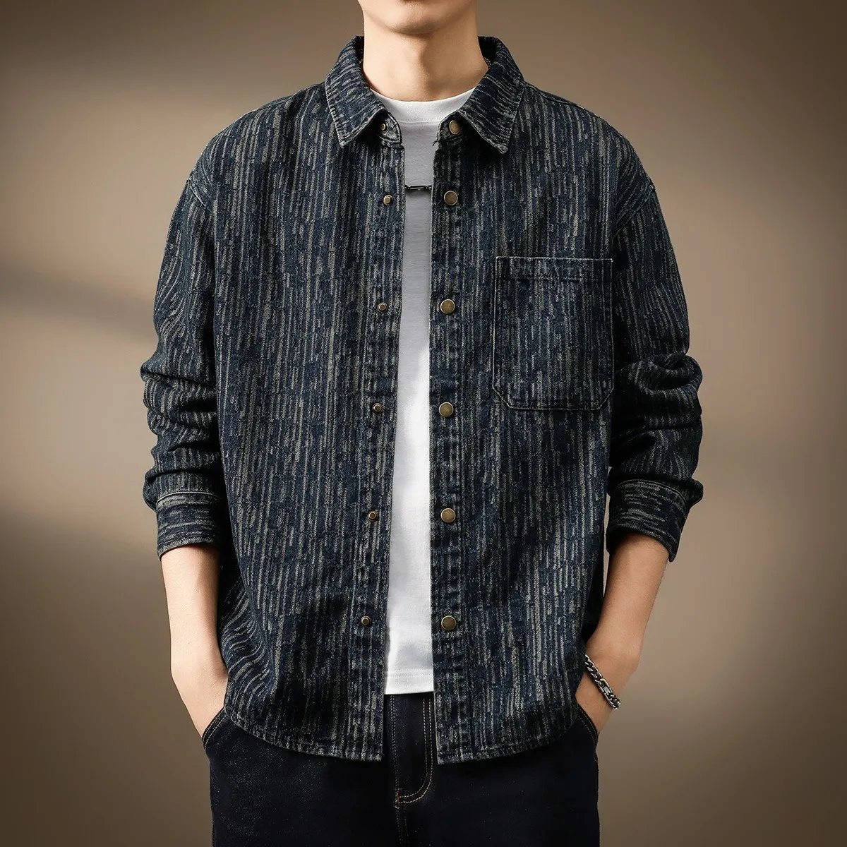 

Casual Long Sleeve Men's Denim Shirt Vintage Floral Embroidery Collar Workwear Jacket Loose Fit American Style Striped Pattern