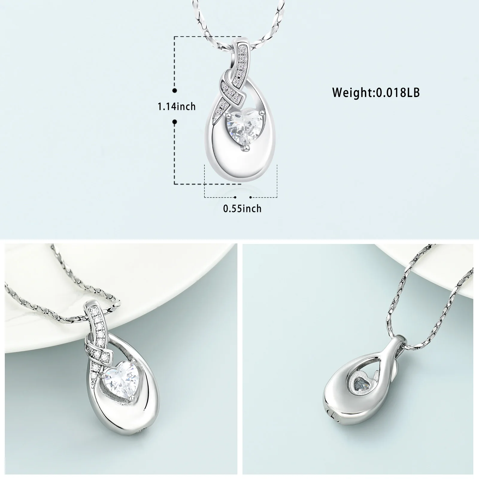 Teardrop Urn Necklace for Ashes for Women Stainless Steel Crystal Heart Cremation Jewelry Memorial Funeral Keepsake Pendant