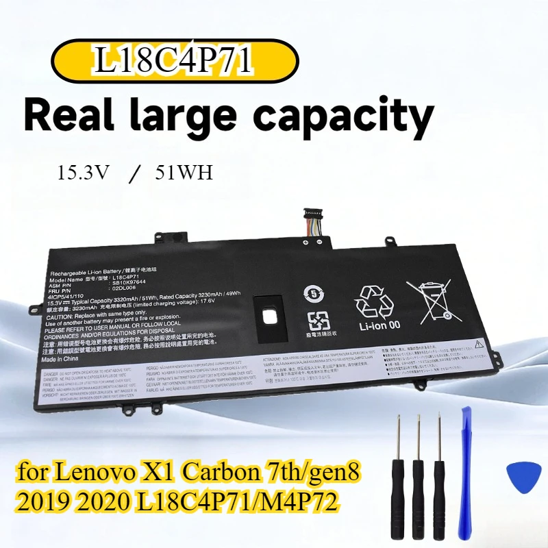 High- Quality L18C4P71  Battery for Lenovo X1 Carbon 7th/gen8 2019 2020 L18C4P71/M4P72 15.3v / 51Wh