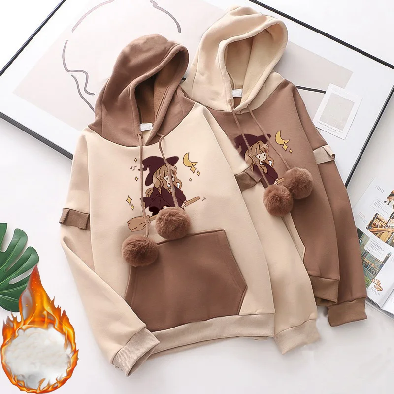 

Толстовки с мультяшным принтом в стиле Харадзюку, женские осенне-зимние флисовые толстовки с капюшоном в консервативном стиле, толстовка большого размера с длинными рукавами для молодежи и девочек