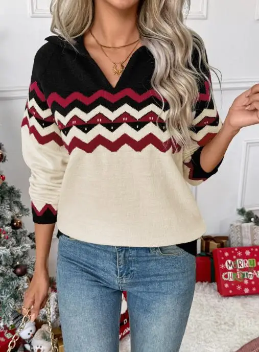 

Осенний новый волнистый свитер с контрастной вышивкой, рождественская атмосфера, женский пуловер, свитер с лацканами, повседневный свитер