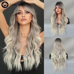 7JHH WIGS Loose Body Wave Ash Ombre Blonde Wig with Curtain Bangs High Density Synthetic Middle Part Hair Wigs with Dark Roots