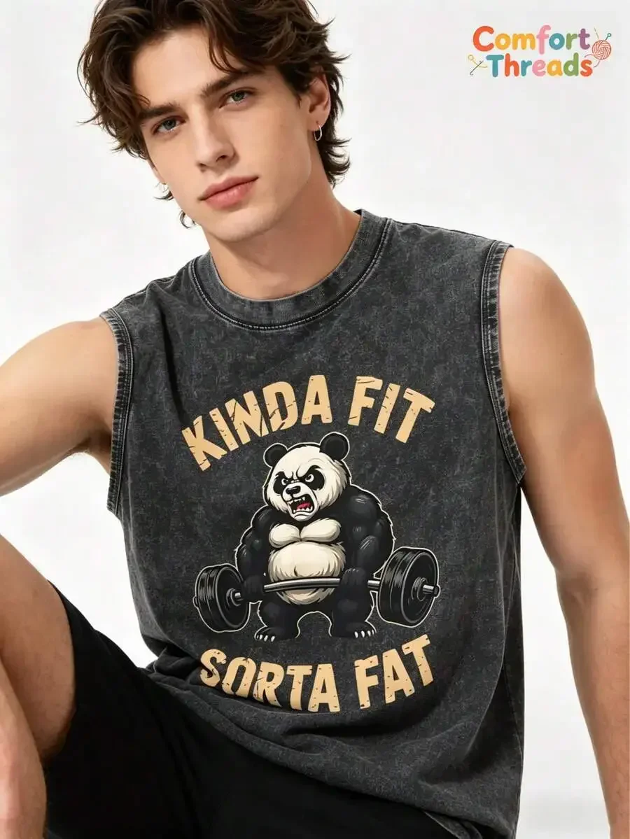 

Funny Panda Weightlifting Graphic Tank Top 210G Washed Cotton Sleeveless Unisex Gym Tee
