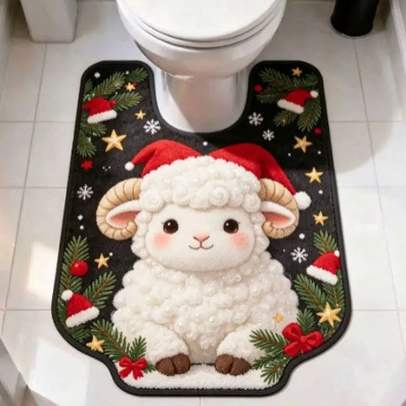 VIKAMA Pearl Sheep Family Tree Gifts U Shape Toilet Mat, Non Slip Absorbent Soft Plush Toilet Rug Warm Lights Xmas Holiday Decor