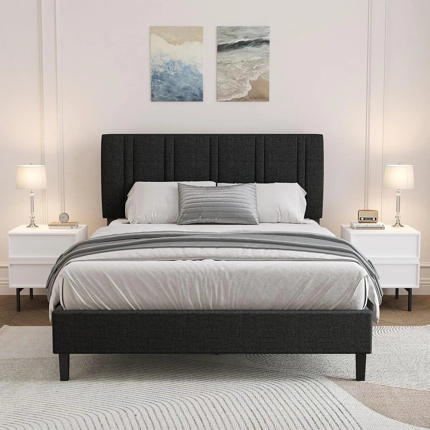 Adjustable Linen Upholstered Queen Platform Bed Headboard Heavy Duty Wood Slats Support, Custom