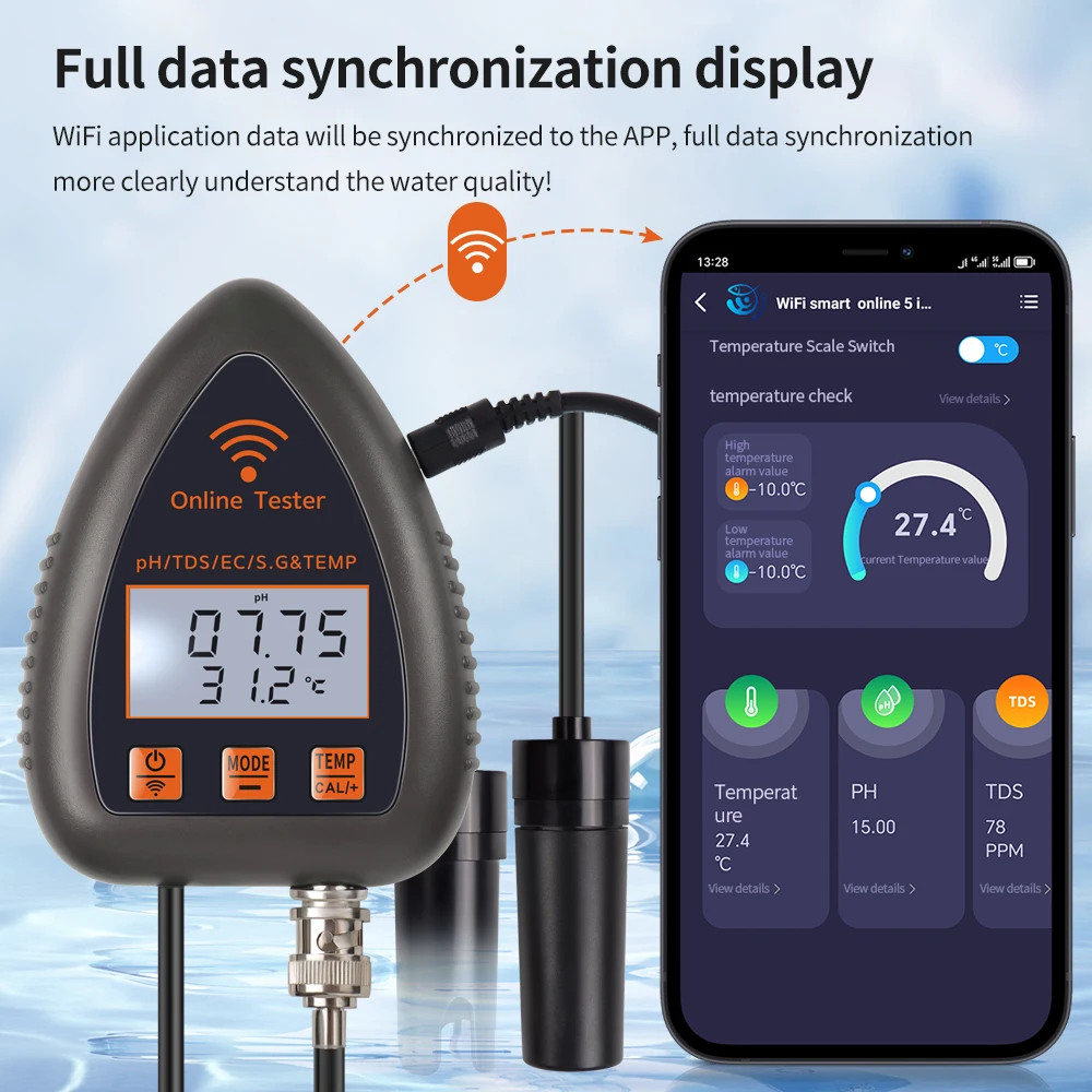 Tuya WiFi 5 in 1 Water Quality Monitor Salt/PH/EC/TDS/S.G/Temperature Tester PH Meter Aquaculture Swimming Pool Water Analyzer