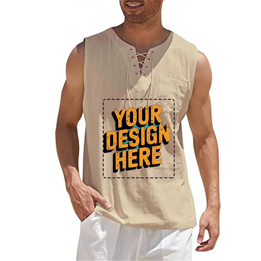 

Custom Your Logo Men's T-shirt Casual Shirts Leeveless Vest Bandage Lace Up Blouse Retro V Neck Fashion Loose Shirt