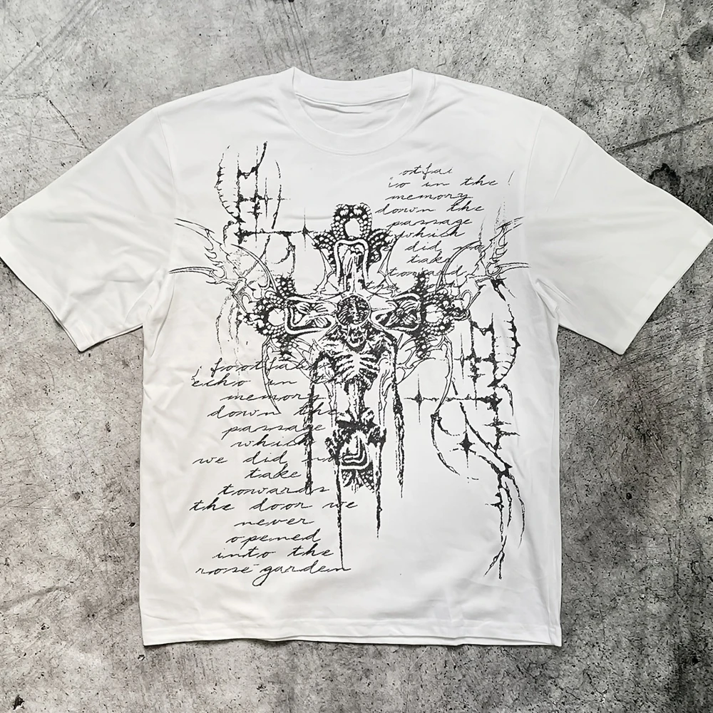 Dark Subculture Abstract Thorn Print T-Shirt Gothic Style Handwritten Loose Fit Hot Short Sleeve Top Summer Top for Men Women