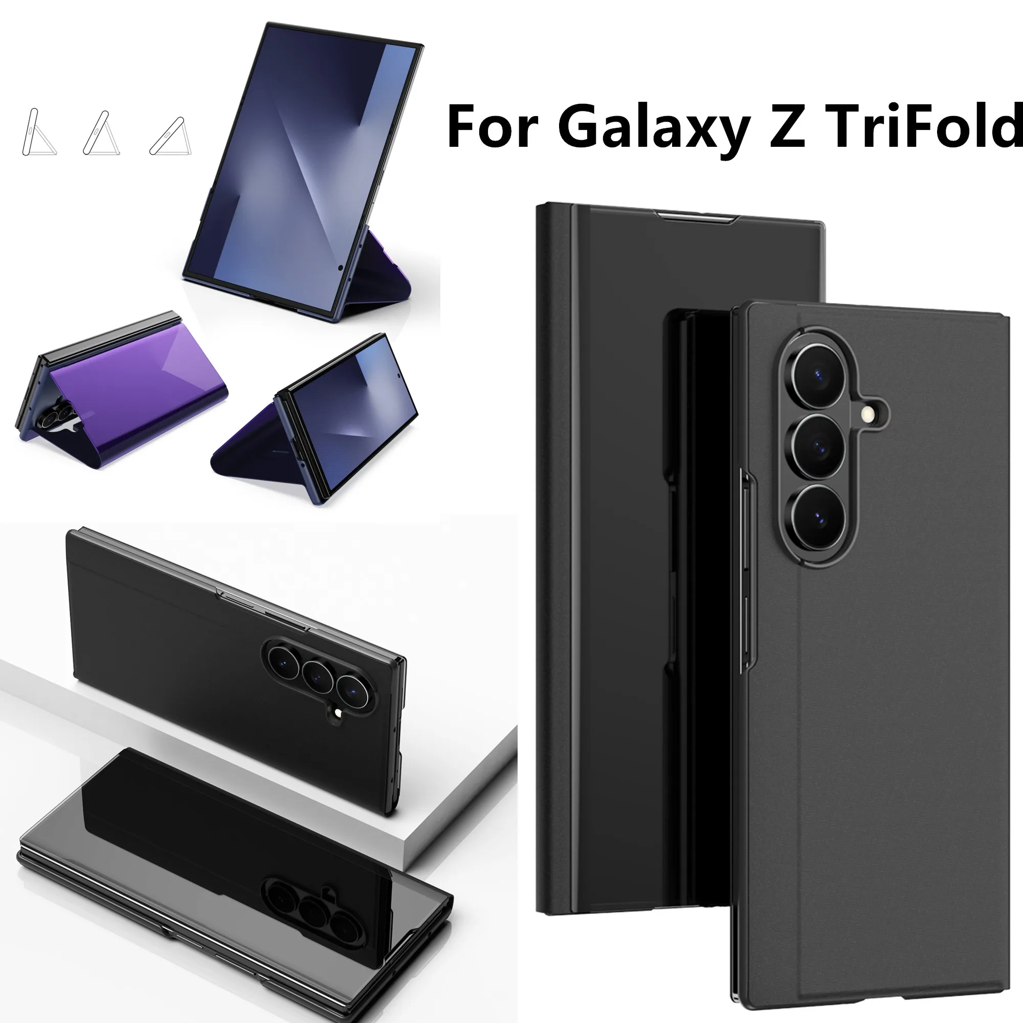 Glossy Semi-Transparent Mirror Finish PC Full Cover For Samsung Galaxy Z TriFold Trible Fold 7 6 Leather Flip Stand Holder Case