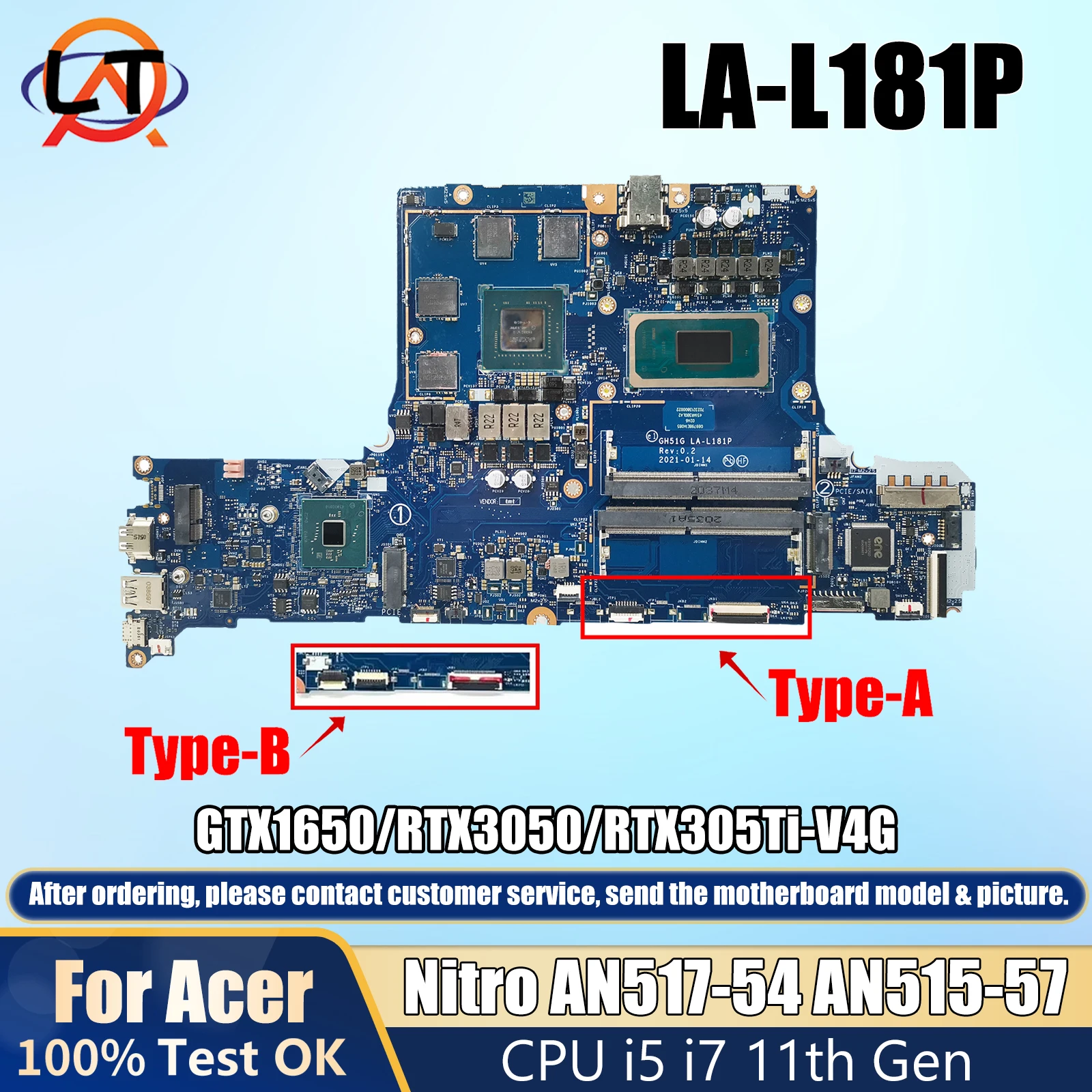 

GH51G LA-L181P для Acer AN517-54 AN515-57 материнская плата для ноутбука NBQET11003 с i5 i7 11th CPU GTX1650/RTX3050/TI V4G