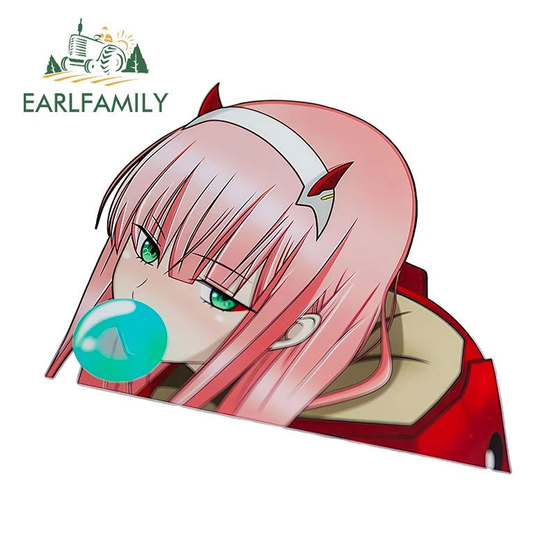 EARLFAMILY 13cm x 10.9cm for Cute Zero Two Anime Peek Car Stickers Car Door Protector Decal Creative Caravan Funny Car Styling